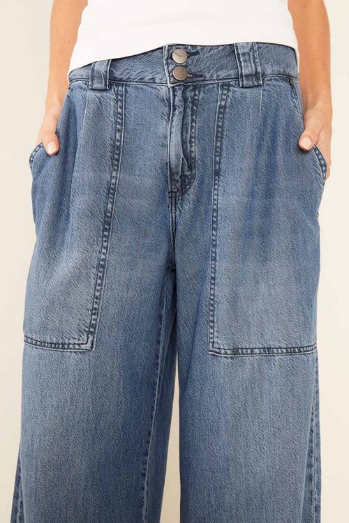 Calça Jeans Wideleg Bolsos - Jeans