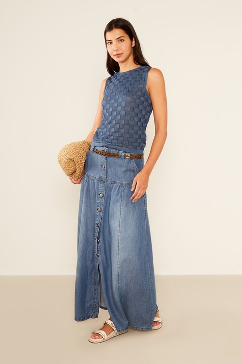 Saia Jeans Longa Bolso Aplicado - Jeans