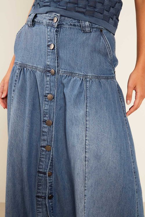 Saia Jeans Longa Bolso Aplicado - Jeans