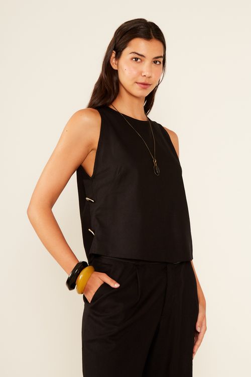 Blusa Linho Casual Botões - Preto