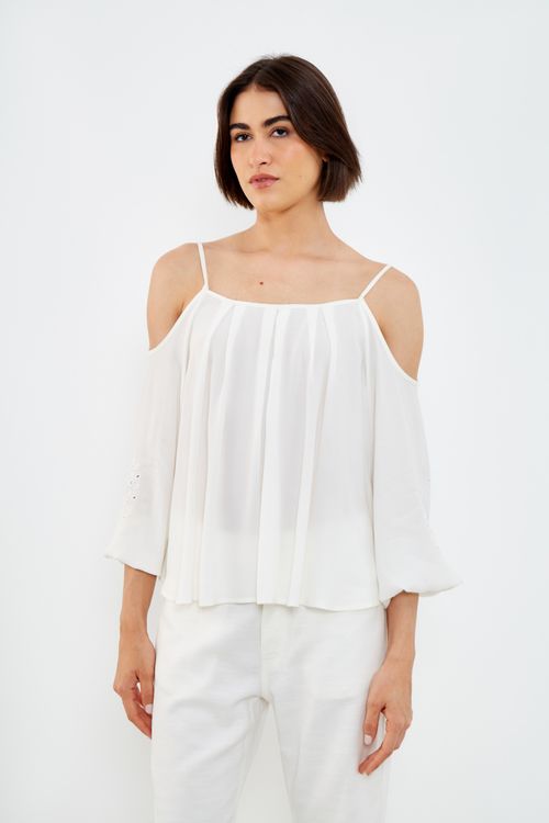 Blusa Pregas Bordado Rechilier - Branco