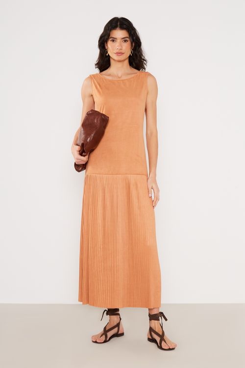 Vestido Malha Plissado Canoa - Khaki