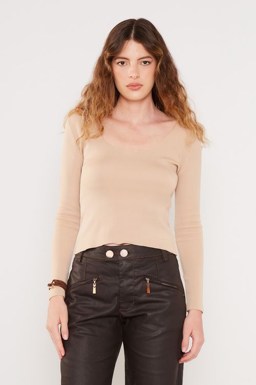Blusa Tricot Manga Longa Decote - Bege