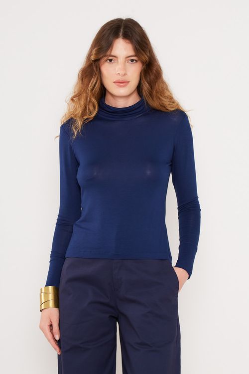 Blusa Malha Manga Longa Gola - Azul Marinho