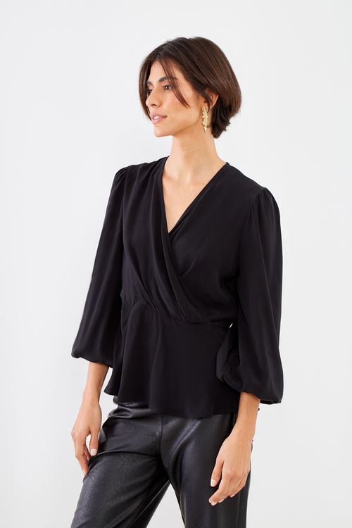 Blusa Transpasse Tecido Casual - Preto