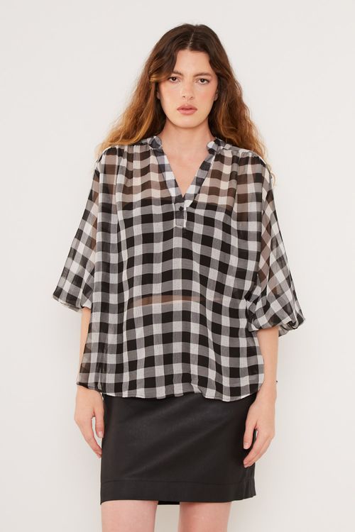 Blusa Bata Xadrez - Preto/Branco