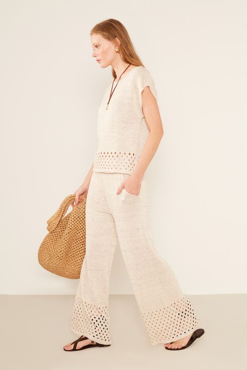 Calça Tricot Barra Vazada - Cru