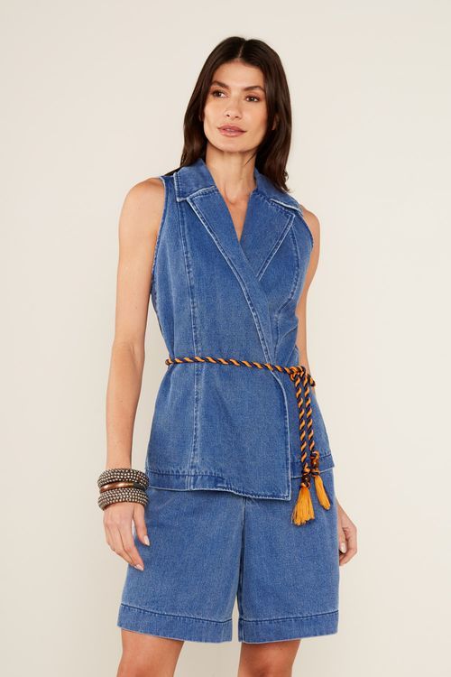 Blusa Jeans Cinto Cadarço - Jeans