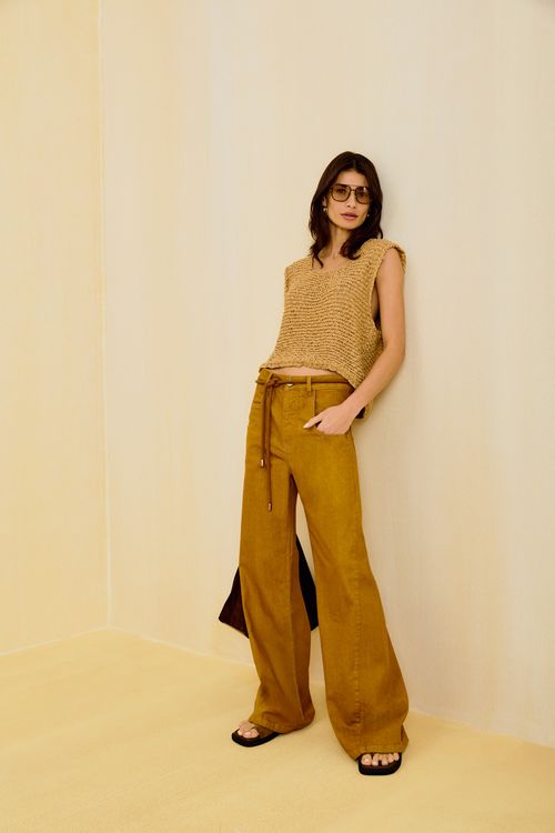 Calça Sarja Wideleg Cinto - Bege Nozes