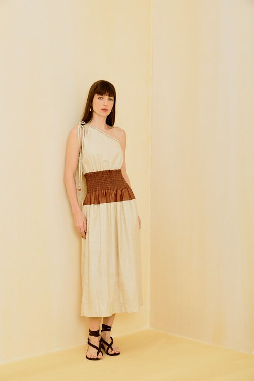 Vestido Bicolor Linho Resinado - Cru