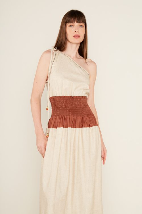 Vestido Bicolor Linho Resinado - Cru