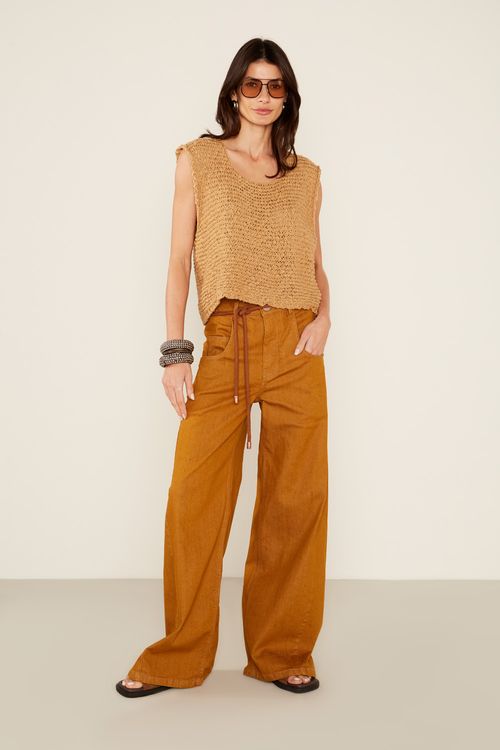 Calça Sarja Wideleg Cinto - Bege Nozes