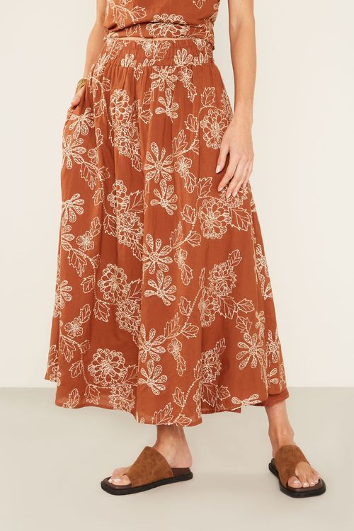 Saia Casual Bordada - Marrom Capuccino