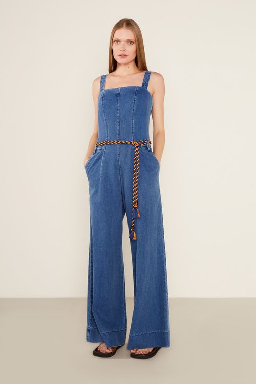 Macacão Jeans Recortes - Jeans