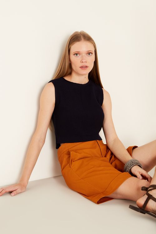 Regata Tricot Detalhe Barra - Azul Marinho