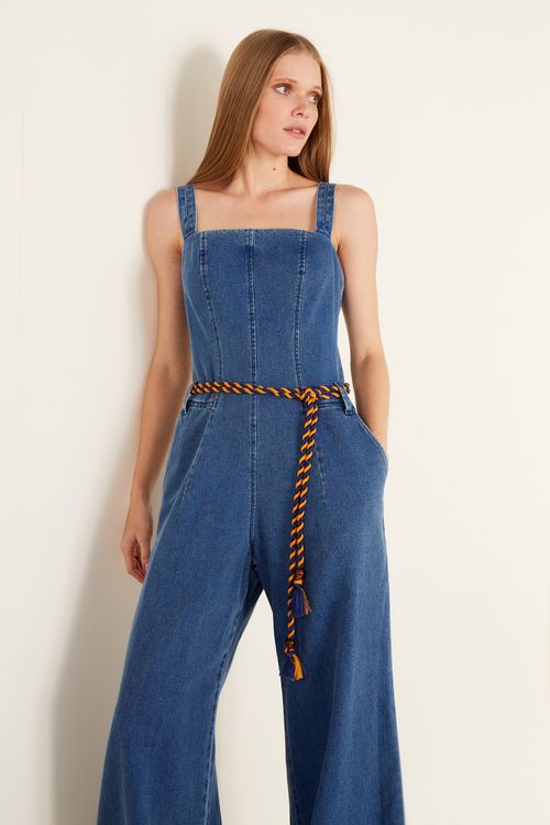 Macacão Jeans Recortes - Jeans