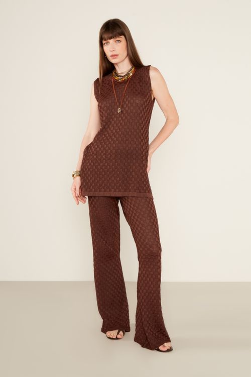 Calça Tricot Quadradinhos - Marrom Capuccino