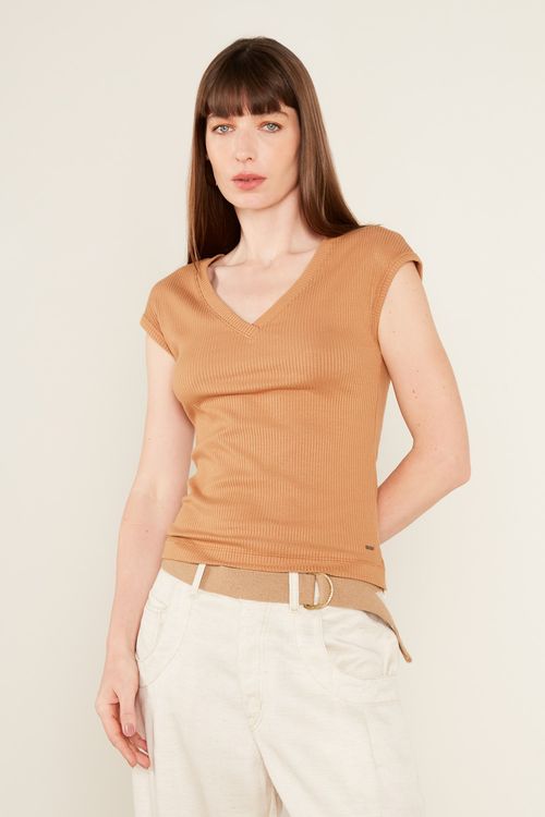 Blusa Malha Decote v - Ocre