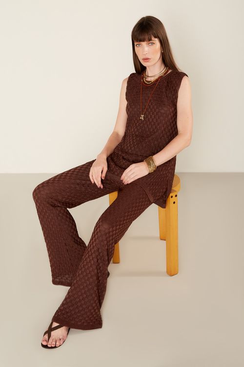 Calça Tricot Quadradinhos - Marrom Capuccino