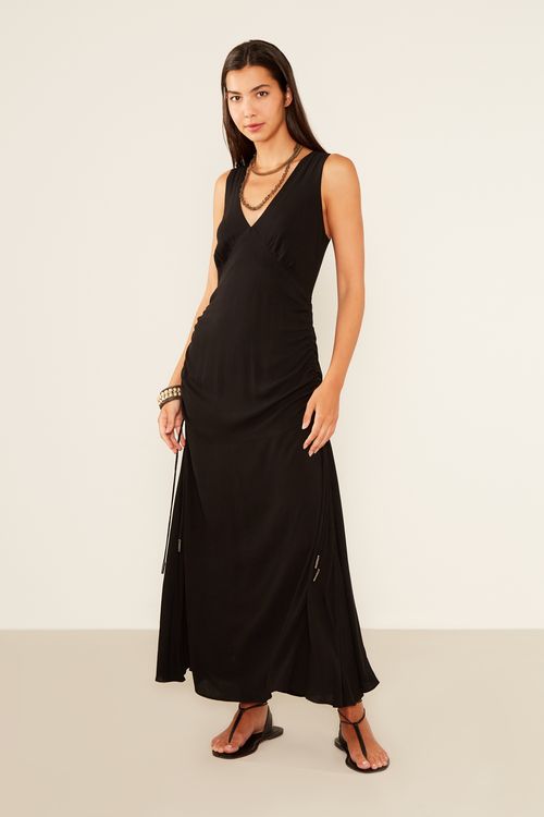 Vestido Casual Detal Franzido - Preto