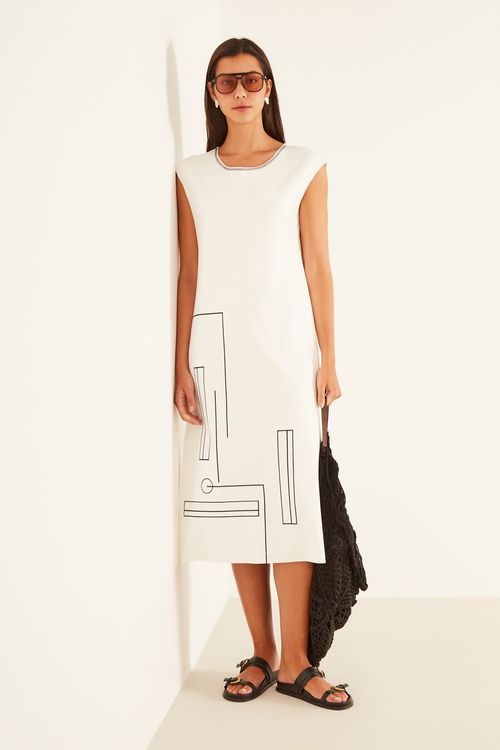 Vestido Malha Silk Geométrico - Off White