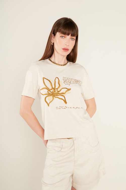 T-Shirt Malha Bordado Flor - Off White