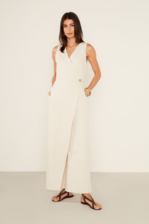 Macacão Alfaiataria Transpassado - Bege Areia