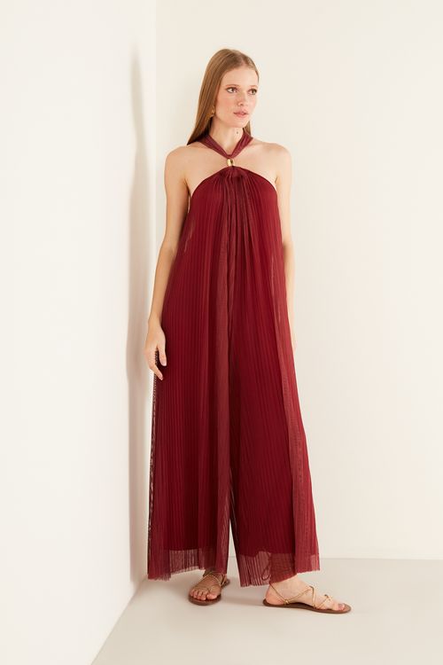 Macacão Malha Plissado - Castanho