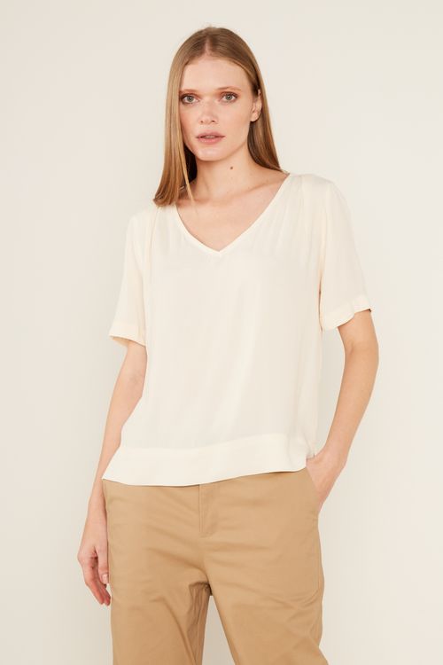 Blusa Decote v Casual - Bege Areia