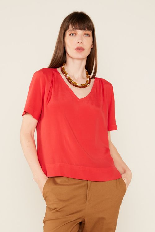 Blusa Decote v Casual - Vermelho Cherry