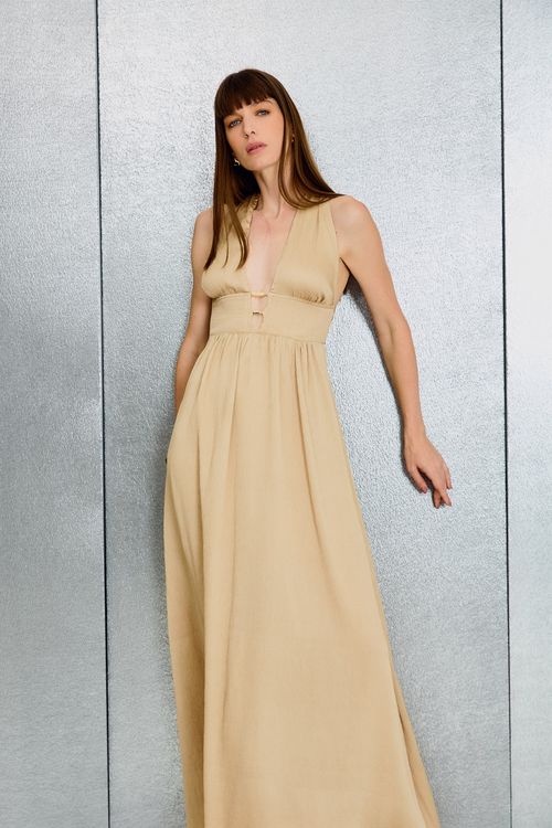 Vestido Longo Decote - Bege Areia