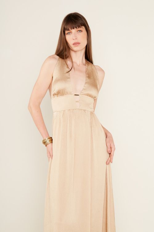 Vestido Longo Decote - Bege Areia