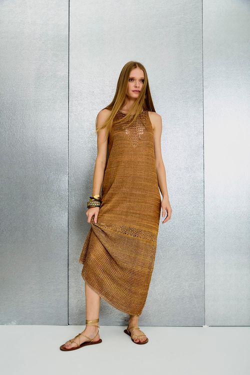 Vestido Tricot Mix Pontos - Bege Nozes