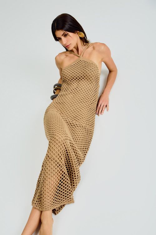 Vestido Tricot Frente Única - Bege Nozes