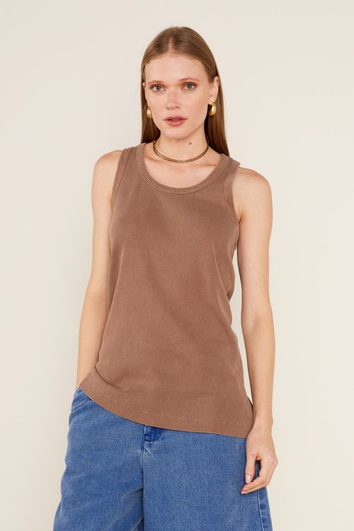 Regata Malha Canelada Decote u - Marrom Capuccino