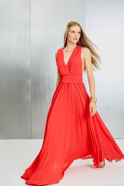 Vestido Longo Decote Drapeado - Orange