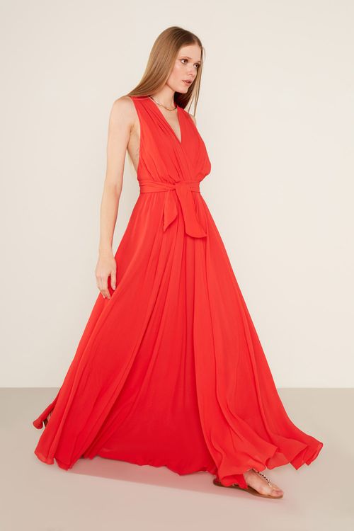 Vestido Longo Decote Drapeado - Orange
