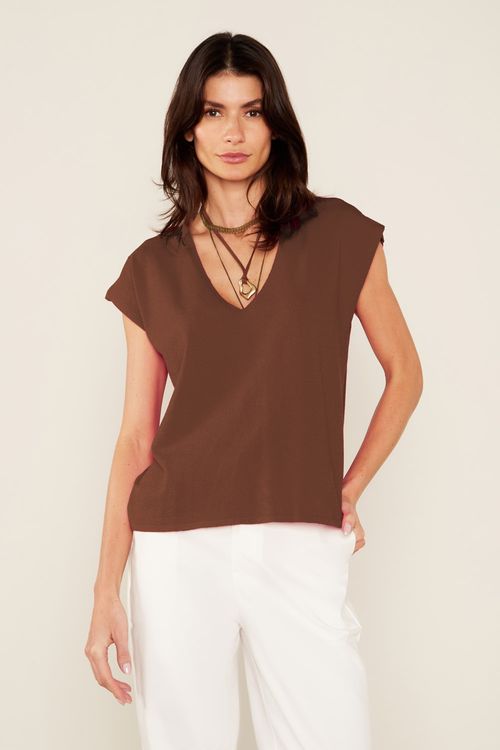 Blusa Tricot Decote v - Marrom Mascavo