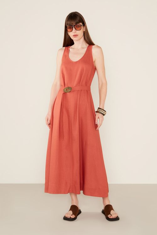 Vestido Casual Linho Cinto - Castanho
