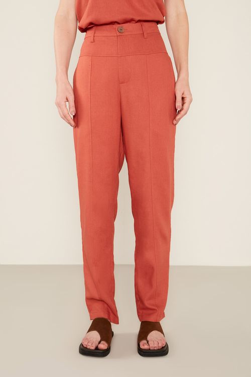 Calça Casual Linho Recortes - Castanho