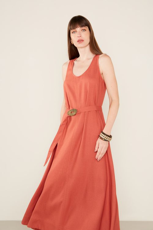 Vestido Casual Linho Cinto - Castanho