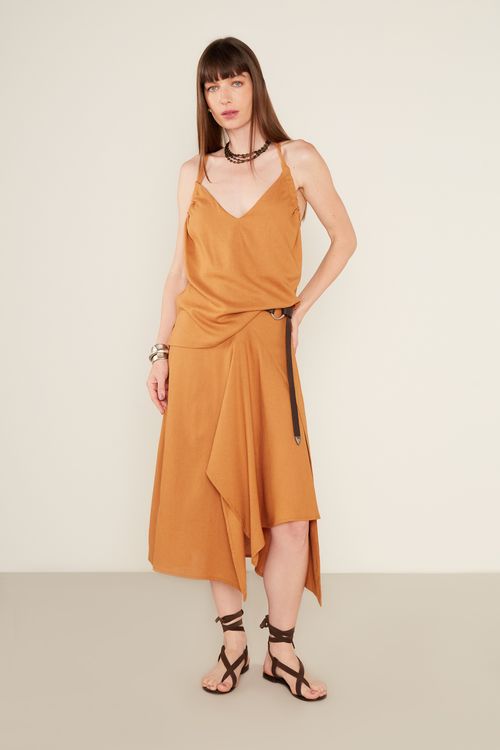 Saia Casual Linho Assimétrica - Bege Nozes