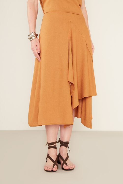 Saia Casual Linho Assimétrica - Bege Nozes