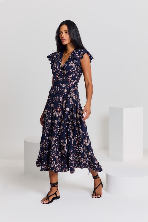 Vestido Longo Bordado Anisha - Azul Escuro