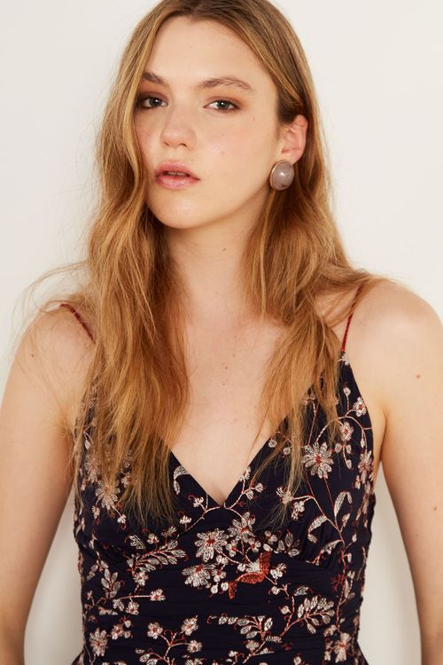 Vestido Curto Bordado Anisha - Azul Escuro