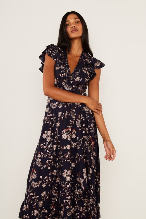 Vestido Longo Bordado Anisha - Azul Escuro