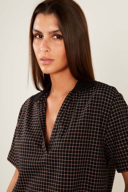Blusa Casual Xadrez Retilínea - Xadrez