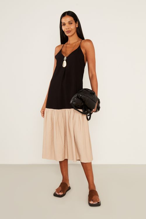 Vestido Casual Bicolor - Preto/Areia