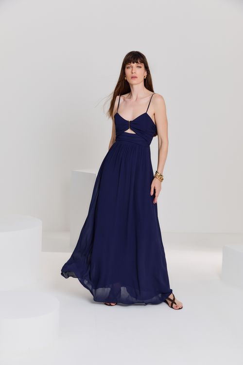 Vestido Alça Detalhe Decote - Azul Escuro