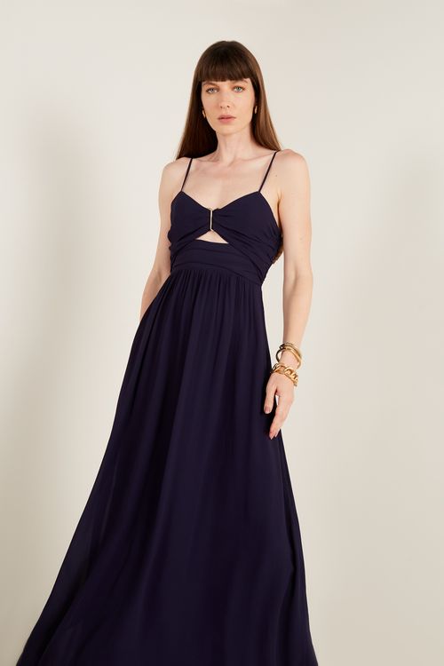 Vestido Alça Detalhe Decote - Azul Escuro